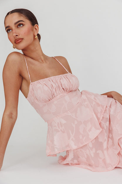 Abito lungo a balze Provence Bloom Jacquard Rosa