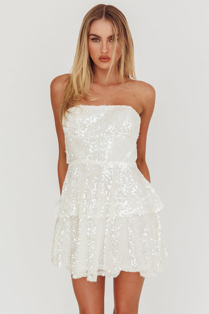 Provence Bloom Mini abito bianco con paillettes a strati