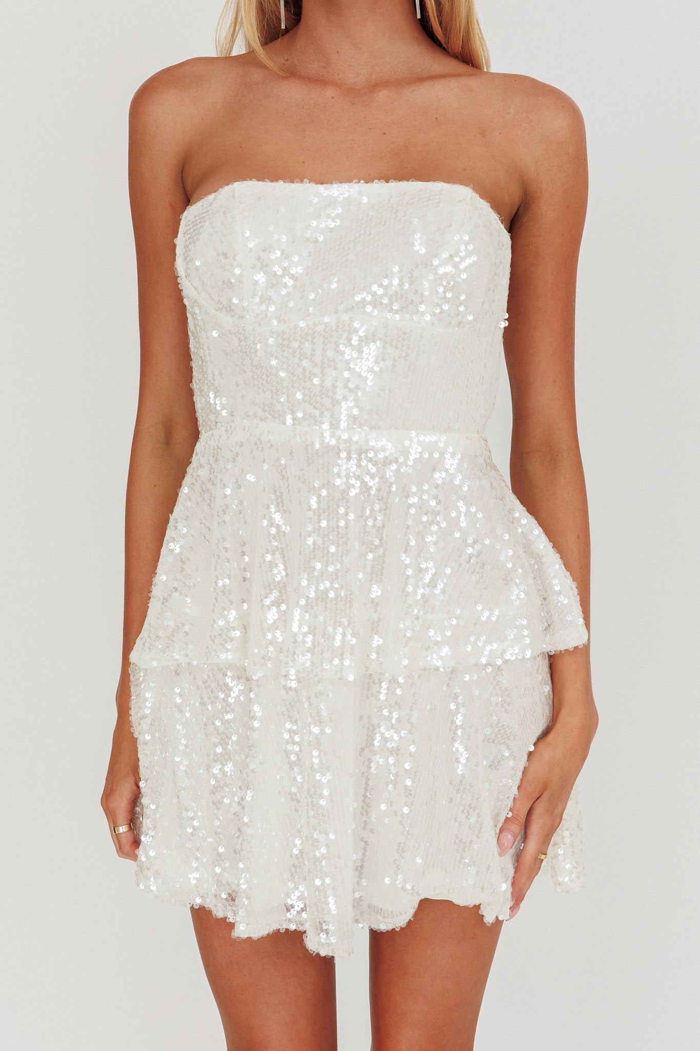 Provence Bloom Mini abito bianco con paillettes a strati