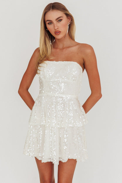 Provence Bloom Mini abito bianco con paillettes a strati