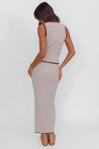Gonna lunga con tasche in maglia Solar Flare a righe marrone/avena