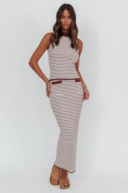 Gonna lunga con tasche in maglia Solar Flare a righe marrone/avena