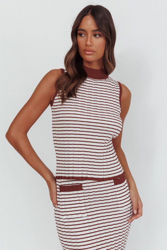 Top senza maniche con scollo a lupetto Solar Flare a righe marrone/bianco