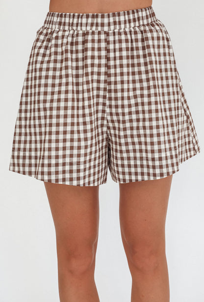 Pantaloncini con elastico in vita Weekends Away a quadri marroni