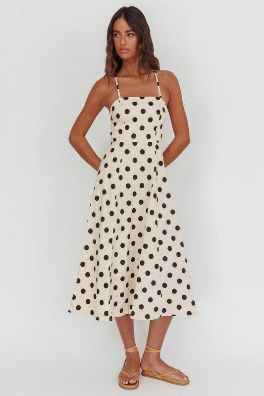 Abito midi con schiena incrociata Olga Second Glance a pois beige