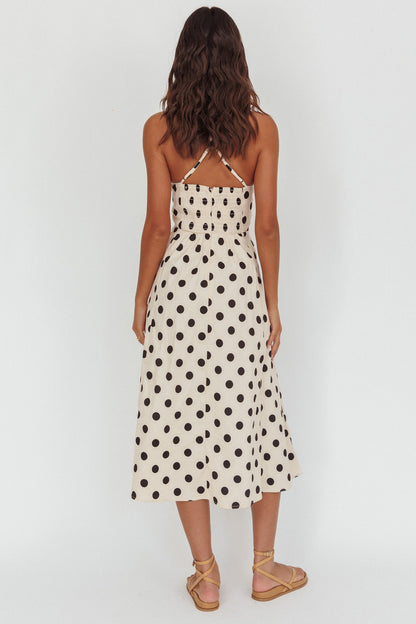 Abito midi con schiena incrociata Olga Second Glance a pois beige