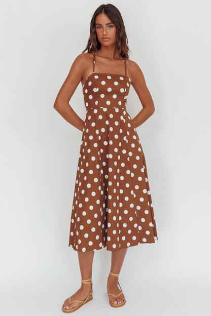 Abito midi con schiena incrociata Olga Second Glance a pois marrone