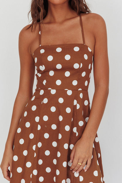 Abito midi con schiena incrociata Olga Second Glance a pois marrone