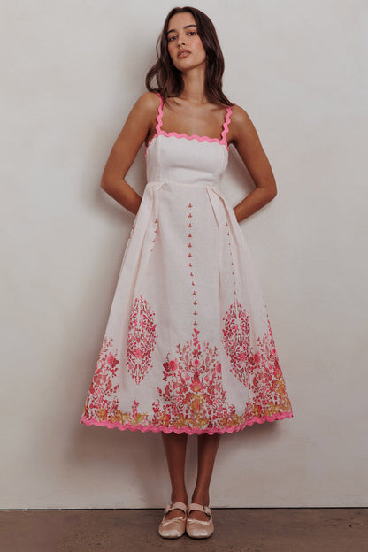 Abito midi con stampa floreale e rifiniture in pizzo Asami Blush