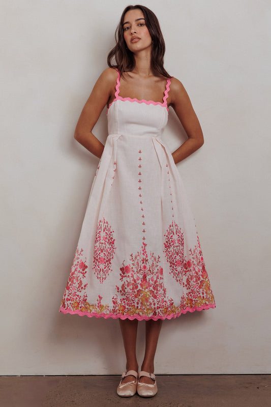 Abito midi con stampa floreale e rifiniture in pizzo Asami Blush