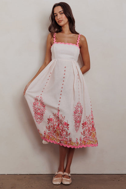 Abito midi con stampa floreale e rifiniture in pizzo Asami Blush
