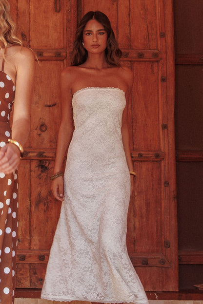Abito lungo senza spalline in pizzo color crema Artice