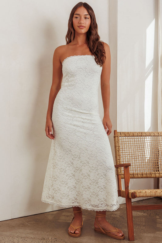 Abito lungo senza spalline in pizzo color crema Artice
