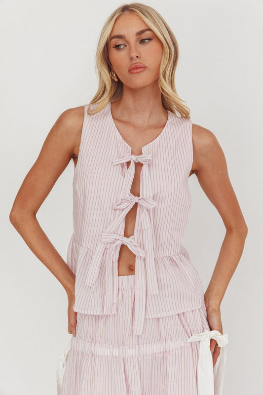 Top senza maniche con nodo frontale Salty Sea a righe color cipria