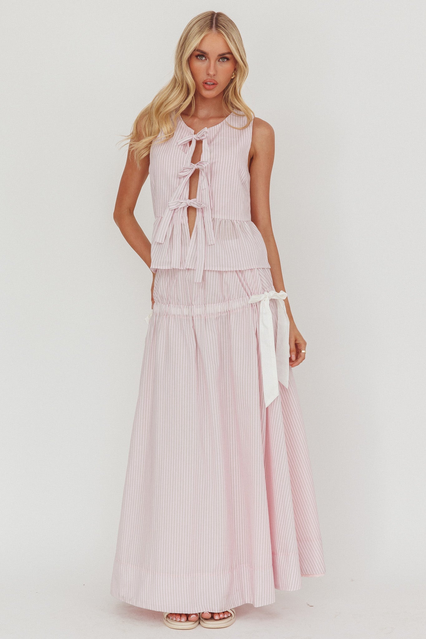 Top senza maniche con nodo frontale Salty Sea a righe color cipria