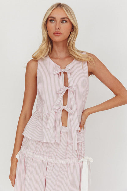 Top senza maniche con nodo frontale Salty Sea a righe color cipria