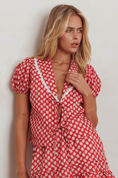 Top Danessa con nodo frontale e motivo floreale rosso