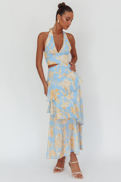 Abito lungo con scollo all'americana e cut-out di Aura Points, blu floreale