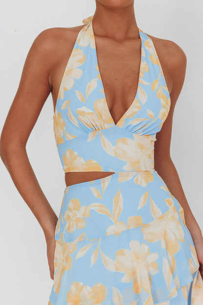 Abito lungo con scollo all'americana e cut-out di Aura Points, blu floreale