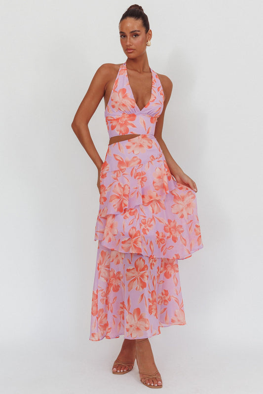 Abito lungo con scollo all'americana e cut-out Aura Points, floreale lilla