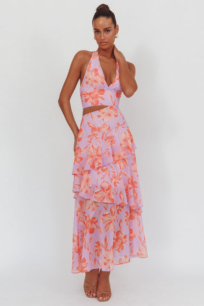 Abito lungo con scollo all'americana e cut-out Aura Points, floreale lilla