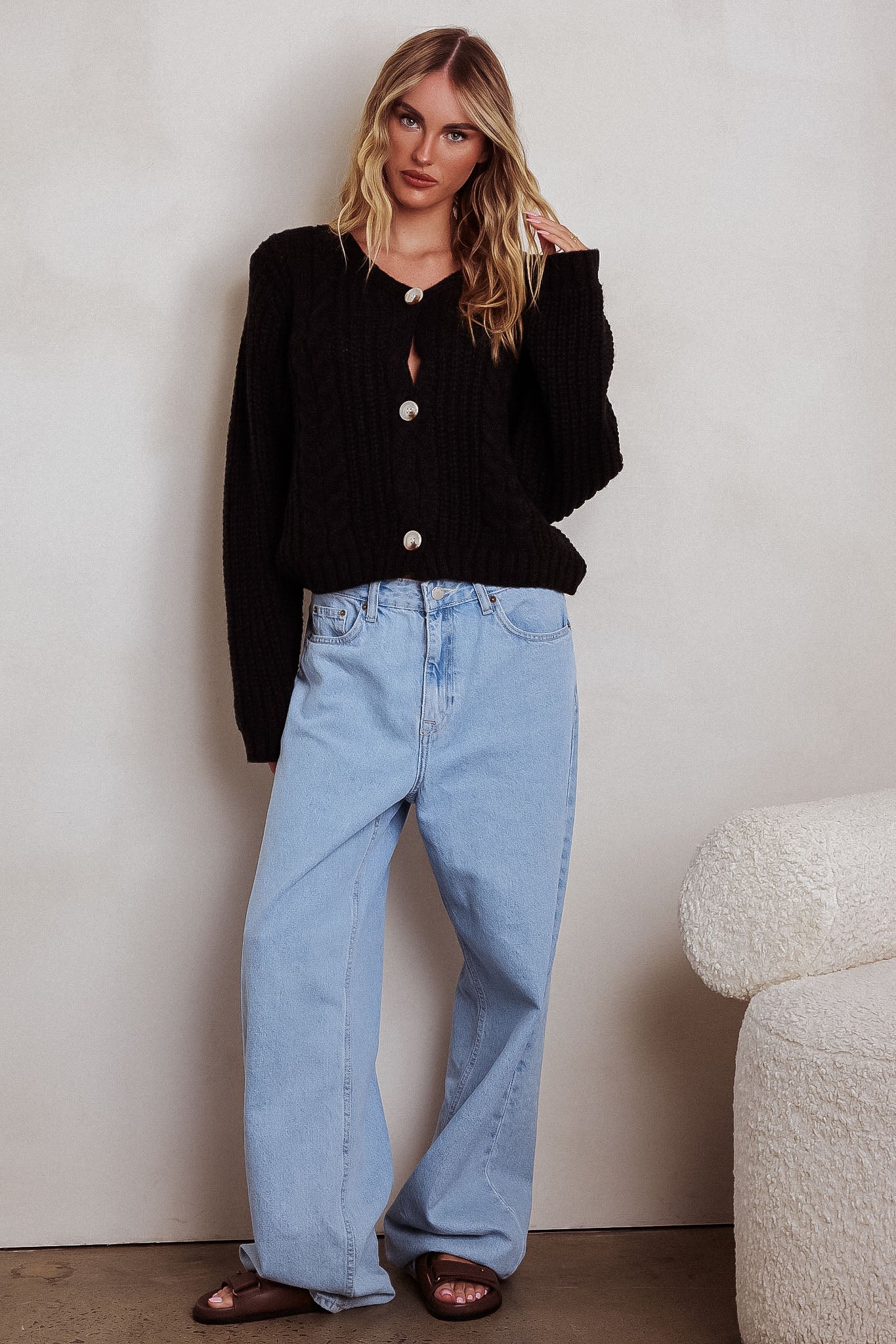 Cardigan in maglia a trecce Prime Time nero