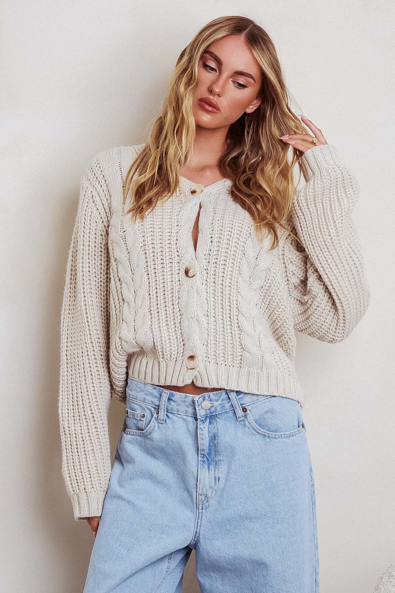 Cardigan in maglia a trecce Prime Time Oat
