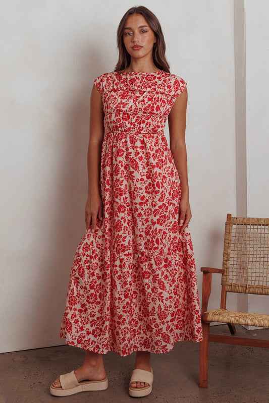 Vestito lungo con corpetto arricciato Called Out, floreale, rosso