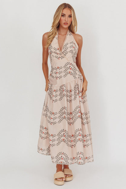 Abito lungo con scollo all'americana Saint Malo beige floreale