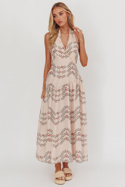 Abito lungo con scollo all'americana Saint Malo beige floreale