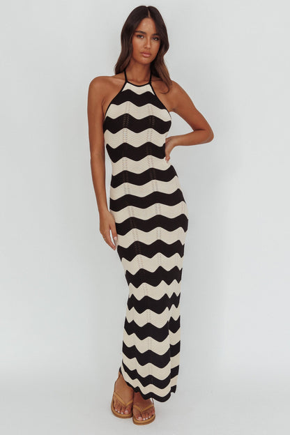 Abito lungo in maglia con scollo all'americana Yelena, crema a zig-zag