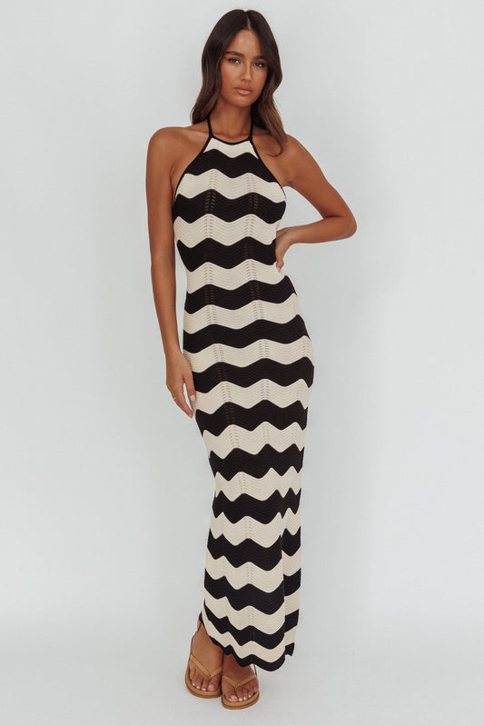 Abito lungo in maglia con scollo all'americana Yelena, crema a zig-zag