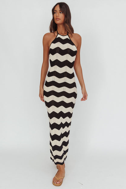 Abito lungo in maglia con scollo all'americana Yelena, crema a zig-zag