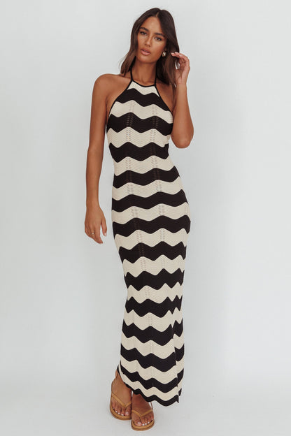 Abito lungo in maglia con scollo all'americana Yelena, crema a zig-zag