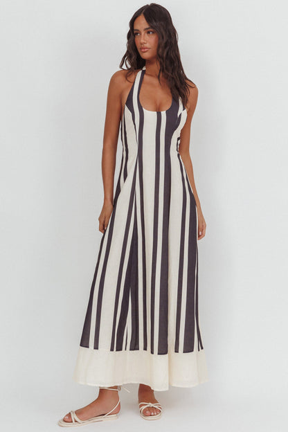 Abito lungo Florie con scollo a barchetta e scollo all'americana, a righe, nero
