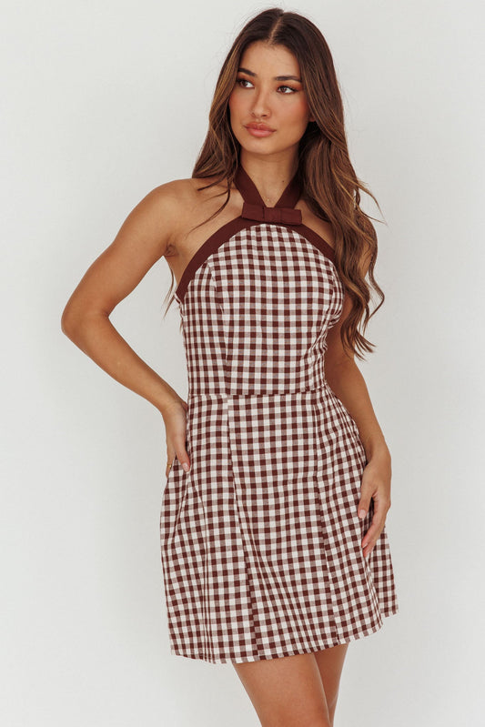 Mini abito da donna con fiocco e scollo all'americana, scozzese, marrone