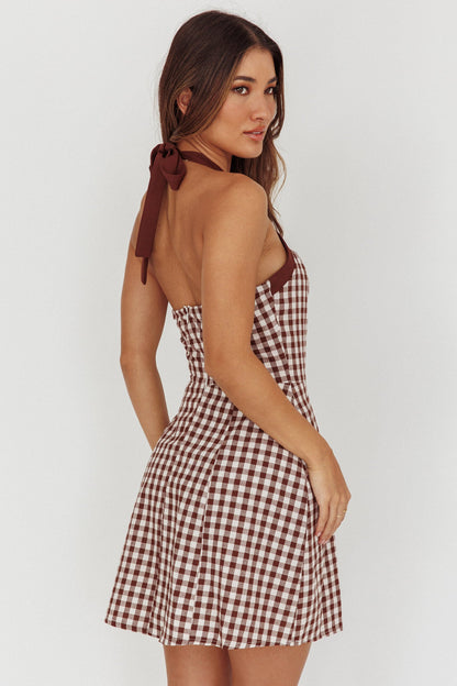 Mini abito da donna con fiocco e scollo all'americana, scozzese, marrone