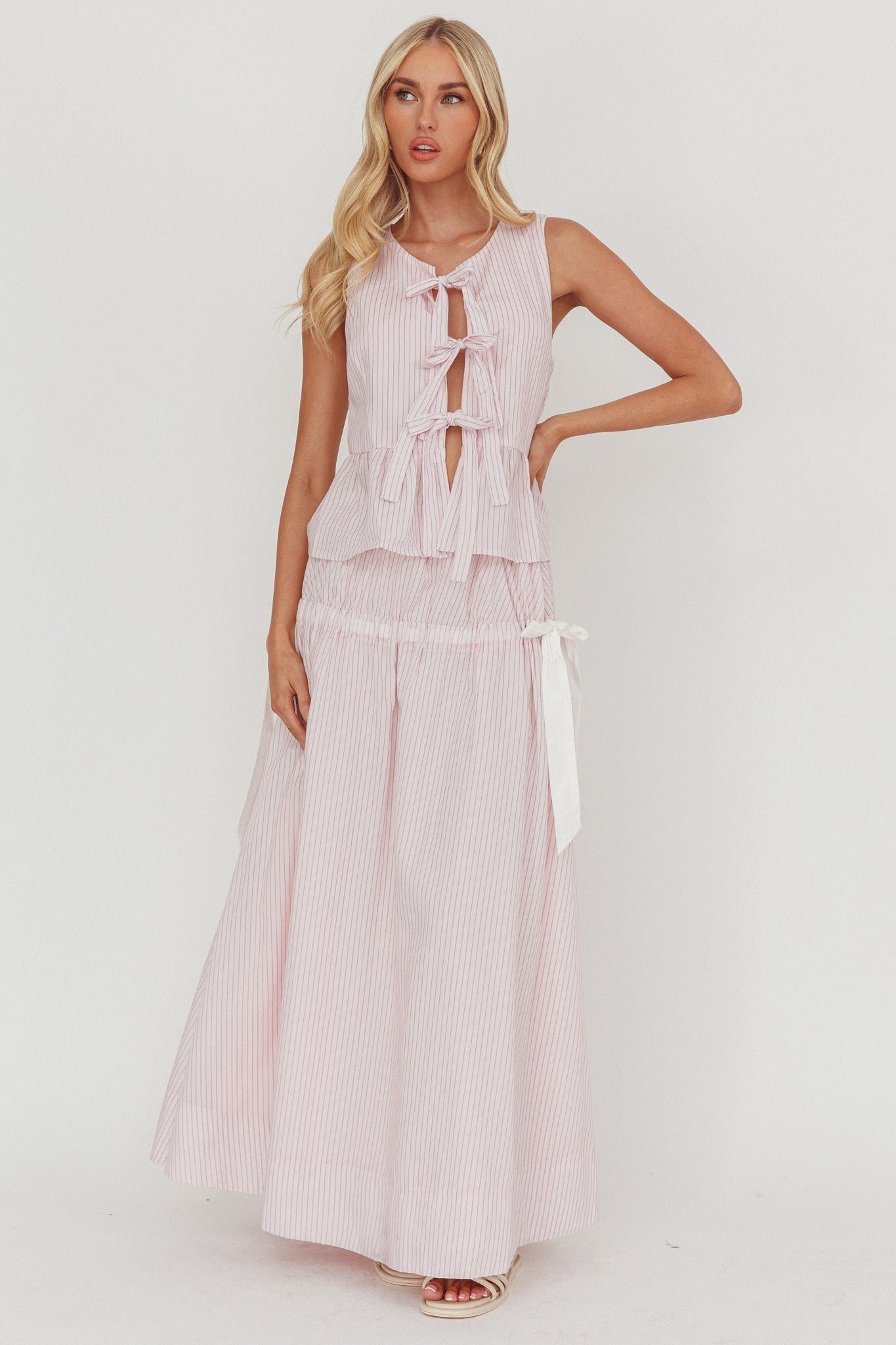 Gonna lunga con fiocco laterale Salty Sea a righe color rosa cipria