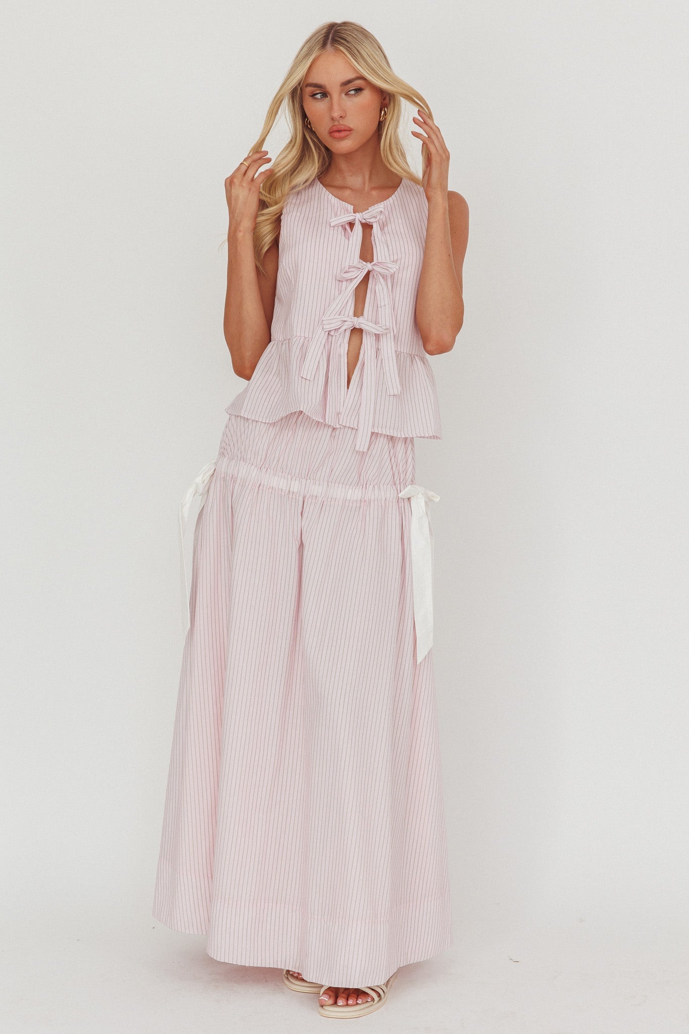 Gonna lunga con fiocco laterale Salty Sea a righe color rosa cipria
