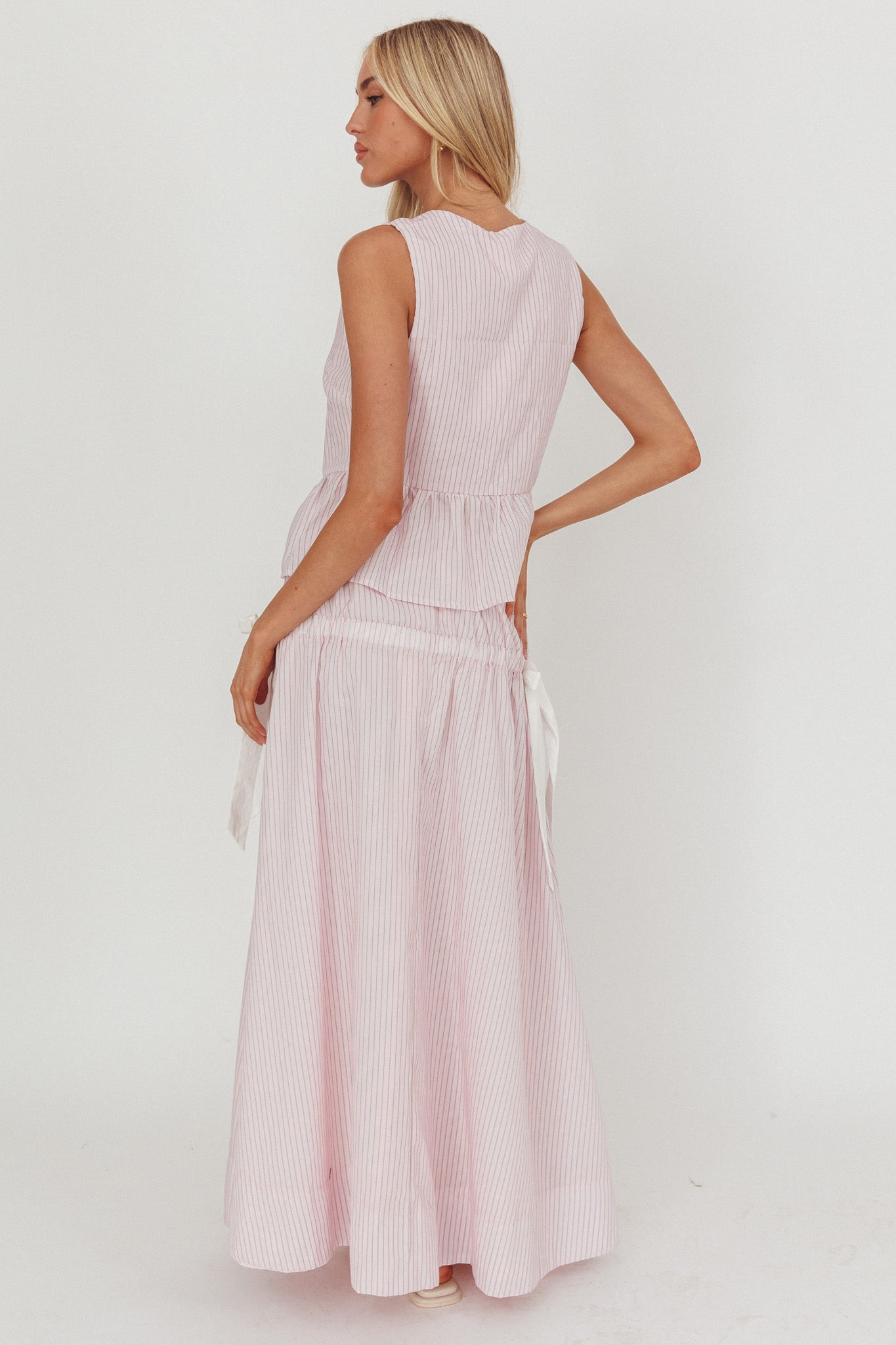Gonna lunga con fiocco laterale Salty Sea a righe color rosa cipria