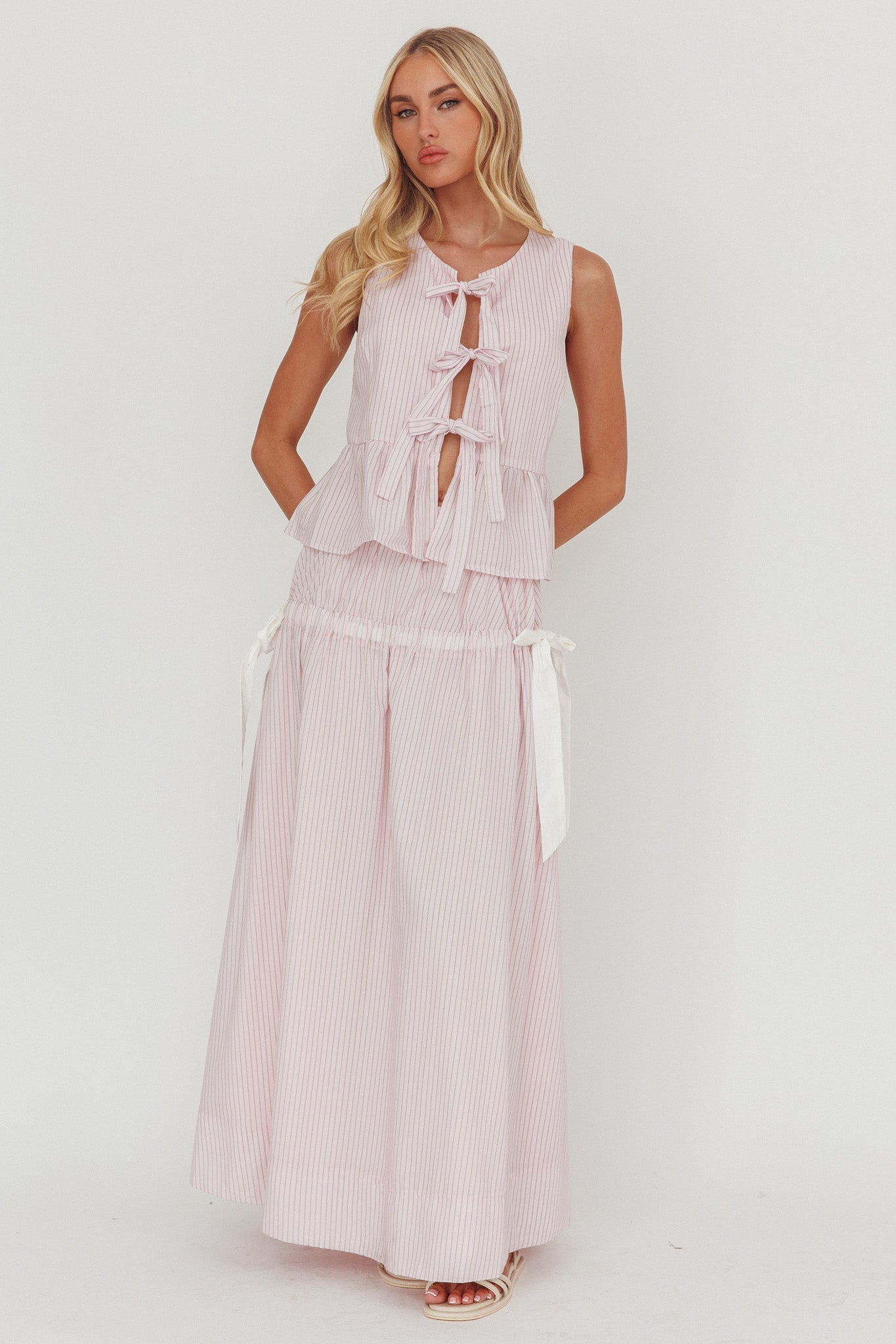 Gonna lunga con fiocco laterale Salty Sea a righe color rosa cipria