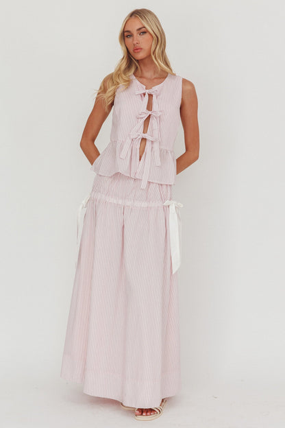 Gonna lunga con fiocco laterale Salty Sea a righe color rosa cipria
