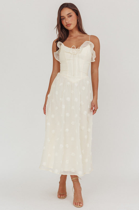 Abito midi con spalline annodate e decorazioni Gelati, color crema