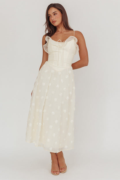 Abito midi con spalline annodate e decorazioni Gelati, color crema