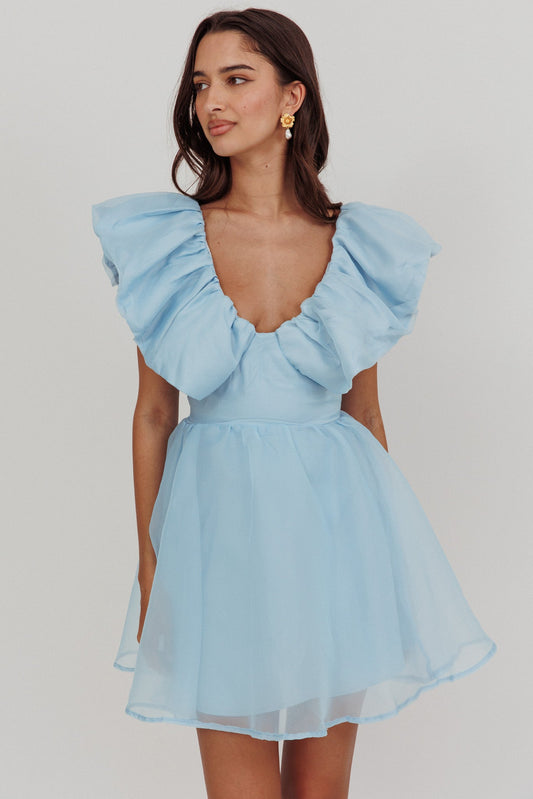Mini abito blu con scollo a balze Kahlo