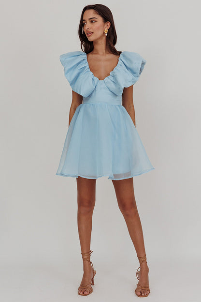 Mini abito blu con scollo a balze Kahlo