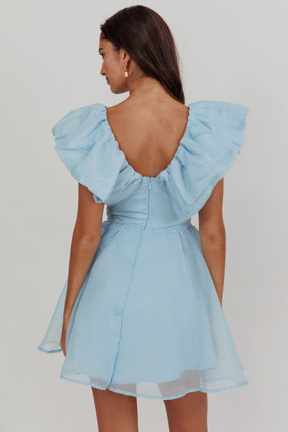 Mini abito blu con scollo a balze Kahlo