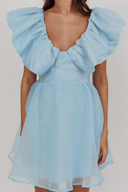 Mini abito blu con scollo a balze Kahlo