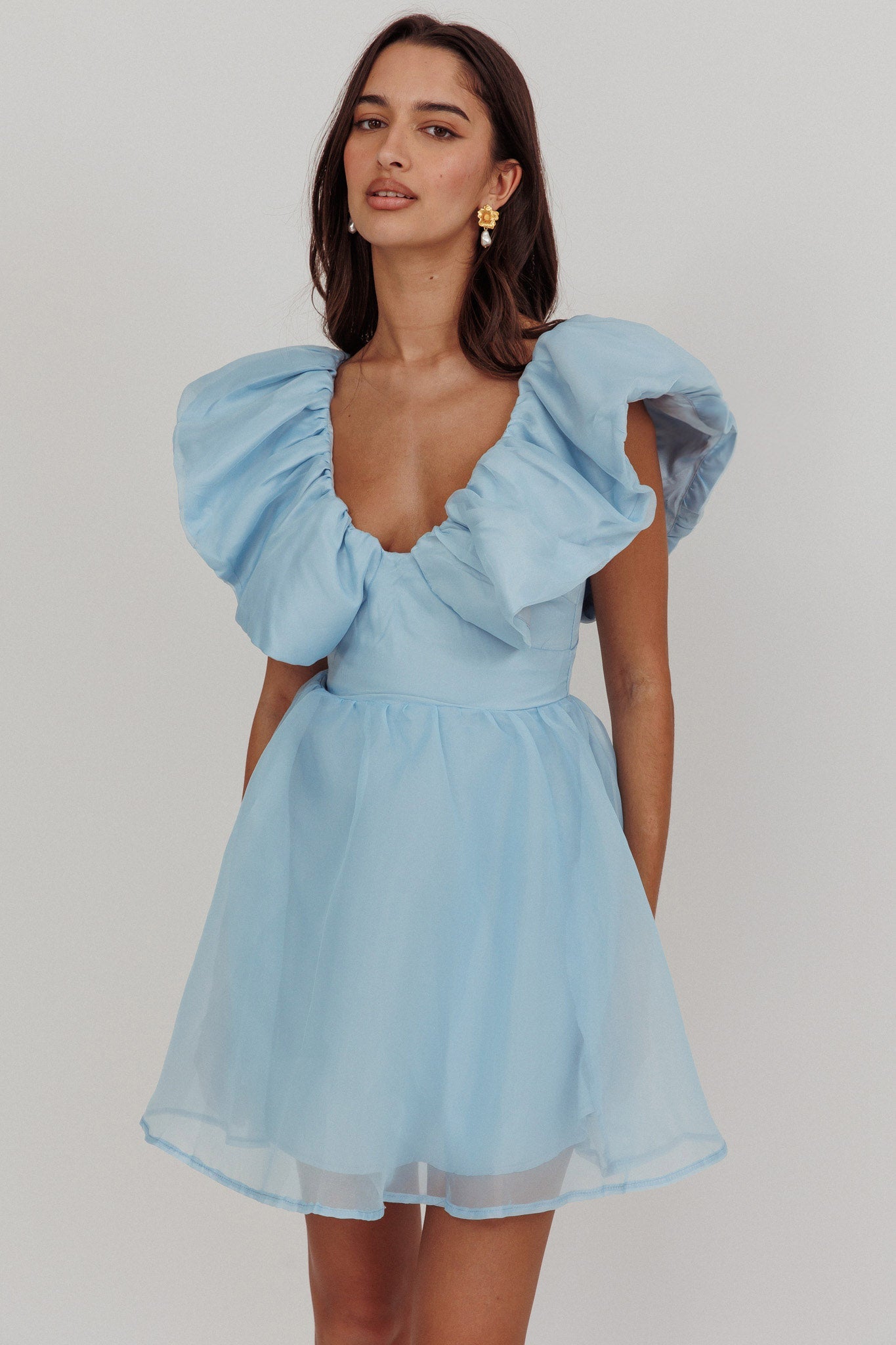 Mini abito blu con scollo a balze Kahlo