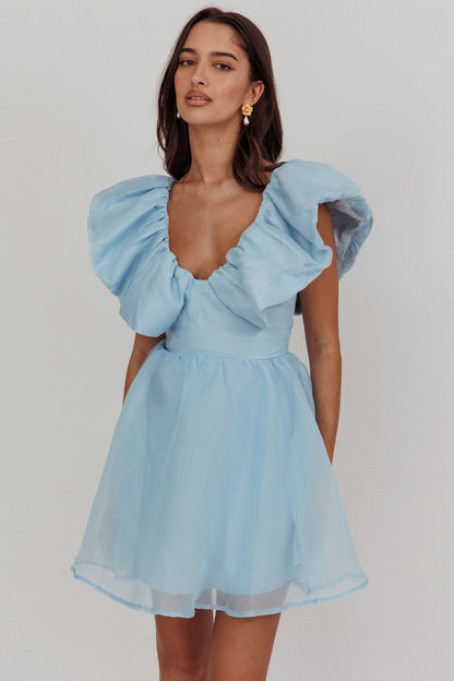 Mini abito blu con scollo a balze Kahlo